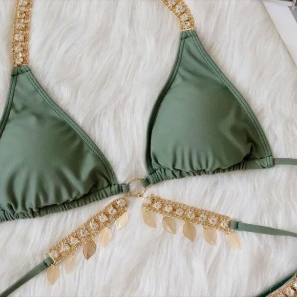 Callie Sage: Dangling Leaves & Rhinestone Scrunch Butt Green Triangle Bikini L - Picture 4 of 8